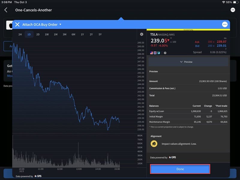 The OCA order preview on the iPad